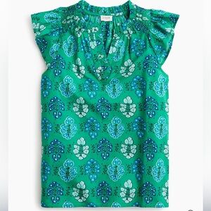NWT J. Crew Factory Green Blue Floral Printed Flutter-Sleeve Top XS